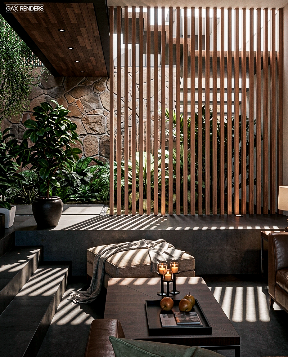 Espacio interior integrado con luz natural, celosías de madera y vegetación