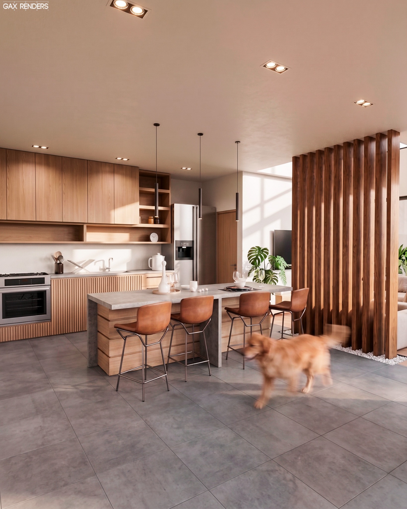 Cocina con isla y celosía de madera